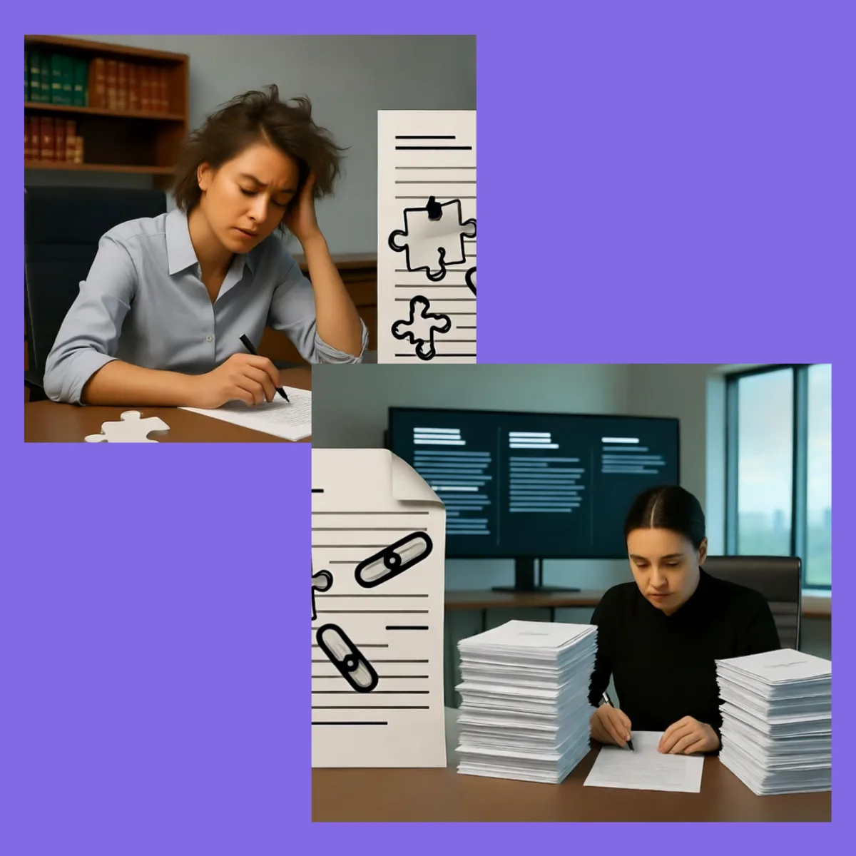 Hero image for "3 Mistakes in Manual Summaries" showing deposition summary workflow and document automation concepts