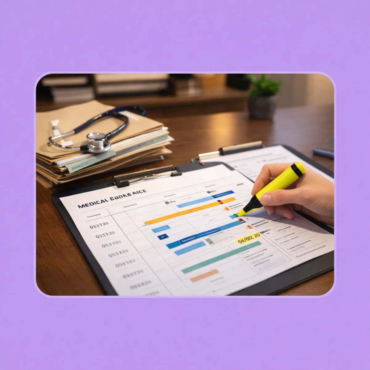 Medical chronology organized for a disability claim with highlighted RFC findings and Blue Book criteria