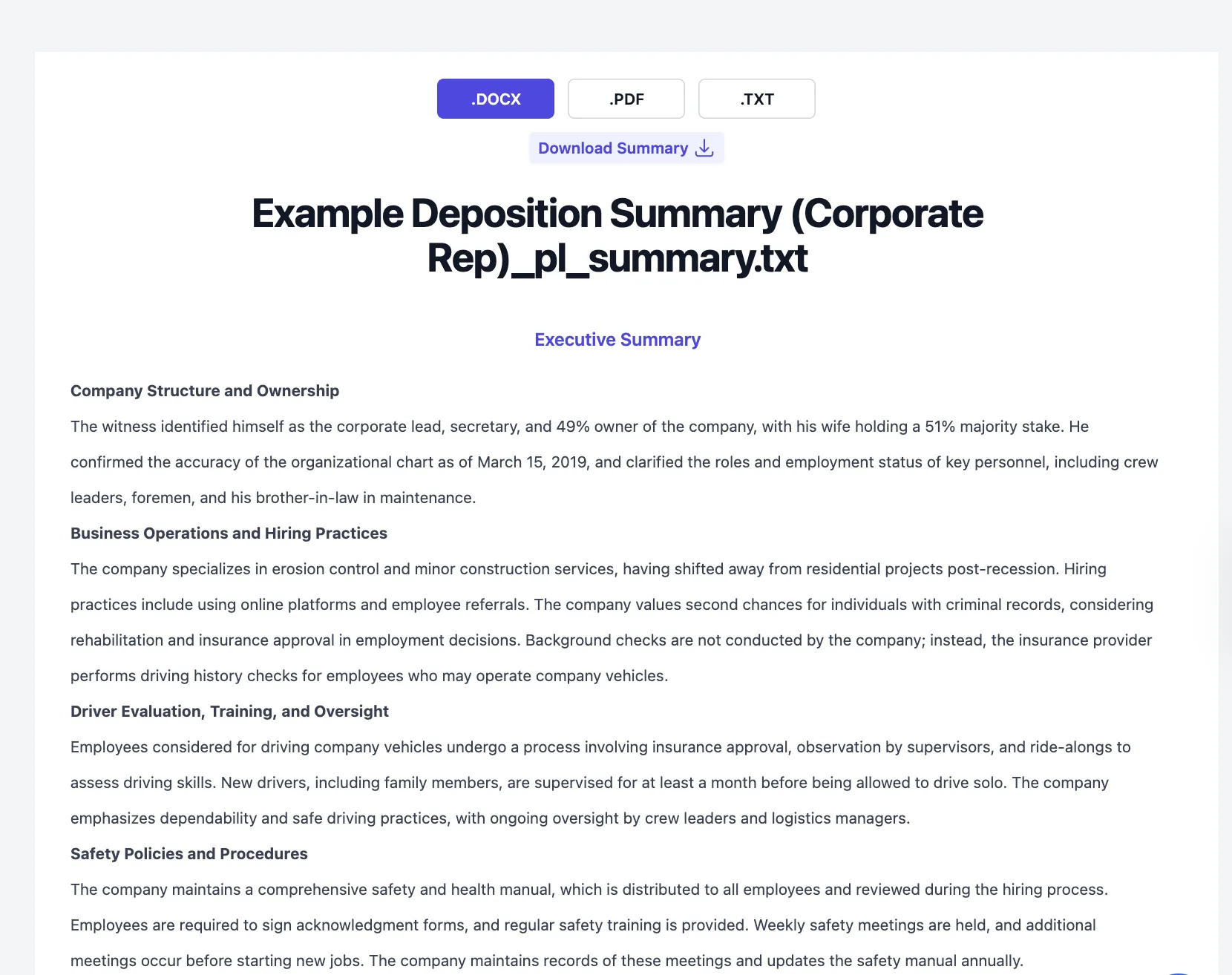 Executive summary output and download options in Dodon.ai