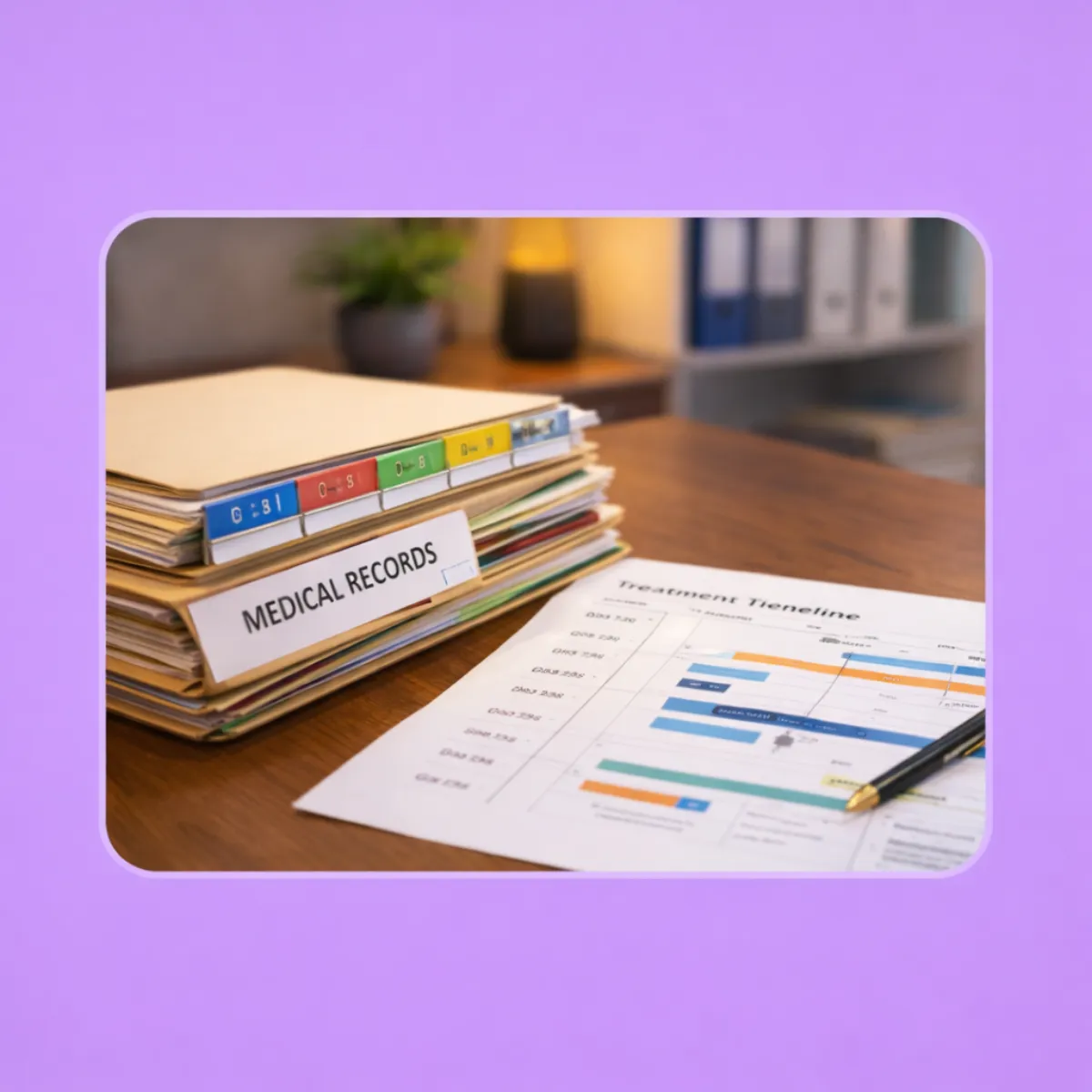 Organized medical records arranged into a personal injury demand package with highlighted treatment timeline