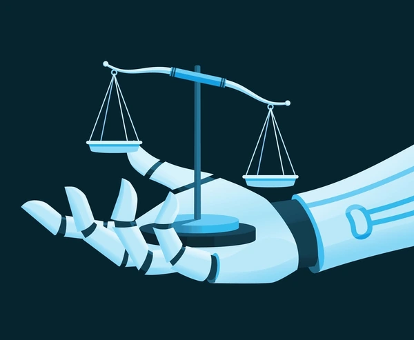 Image of an AI hand with legal objects symbolizing lawyering in the age of artificial intelligence