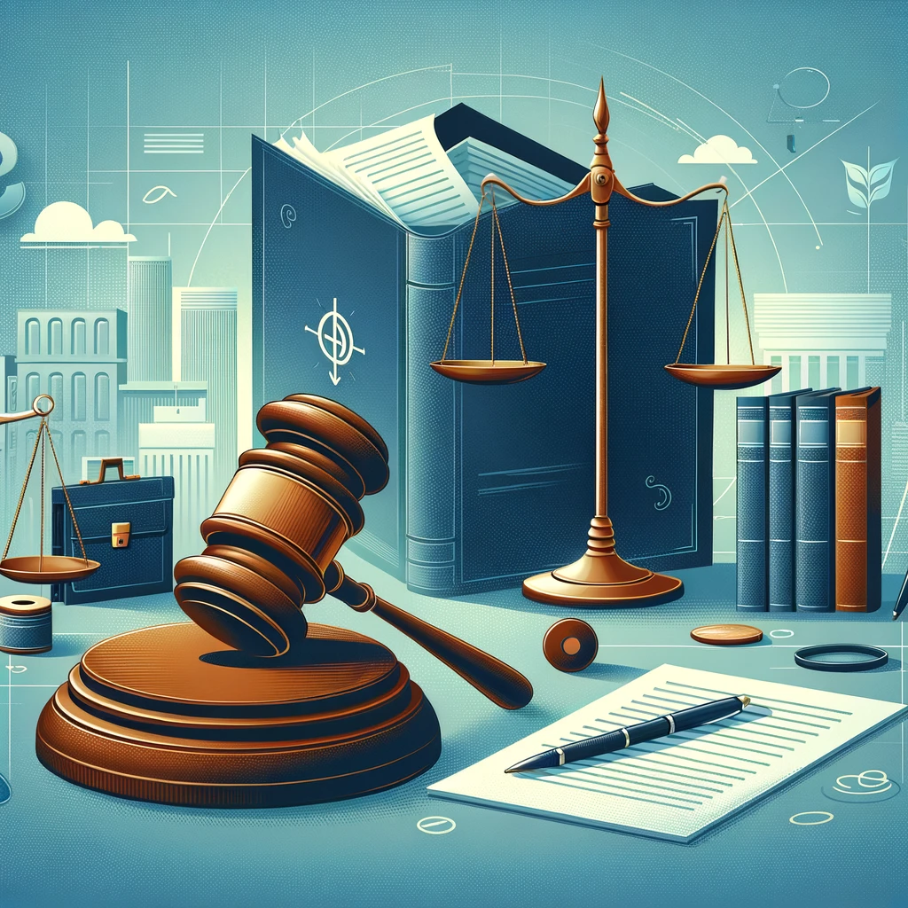 Image of various legal-related objects and deposition transcripts for evidence